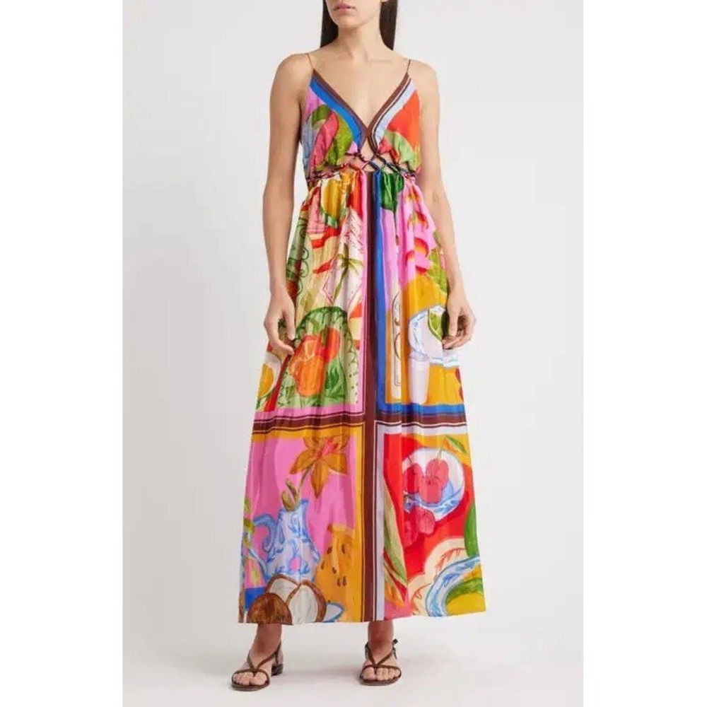 FARM RIO Multicolor Summer Picnic Macrame Yoke Maxi Dress L NWt Vacay Resort
